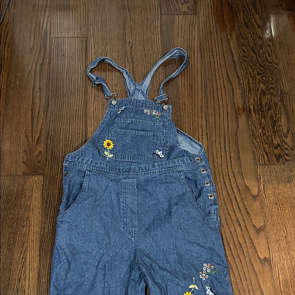 Vtg 90s Agapo denim embroidered sunflower denim overalls boho sz S - Picture 2 of 5
